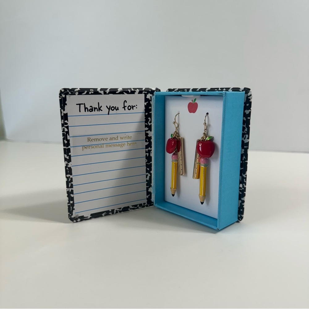 Betsey Johnson Back to School NotebkGold Tone Ruler Pencil W/Apple Earrings NIB - Picture 14 of 15